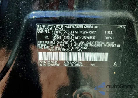 2018 Toyota Rav4 Le из США, поврежденный, VIN 2T3ZFREV2JW490341